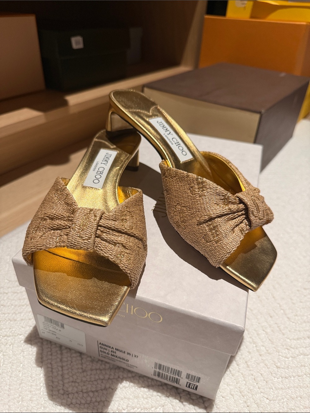 Jimmy Choo Gold & Brown Textured Bow Mule Sandals